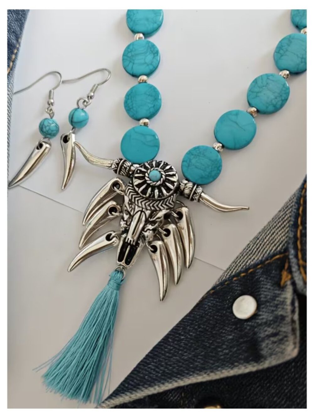 Boho Western Bull Head Tassel Turquoise Necklace & Earring Beadd Statement Set